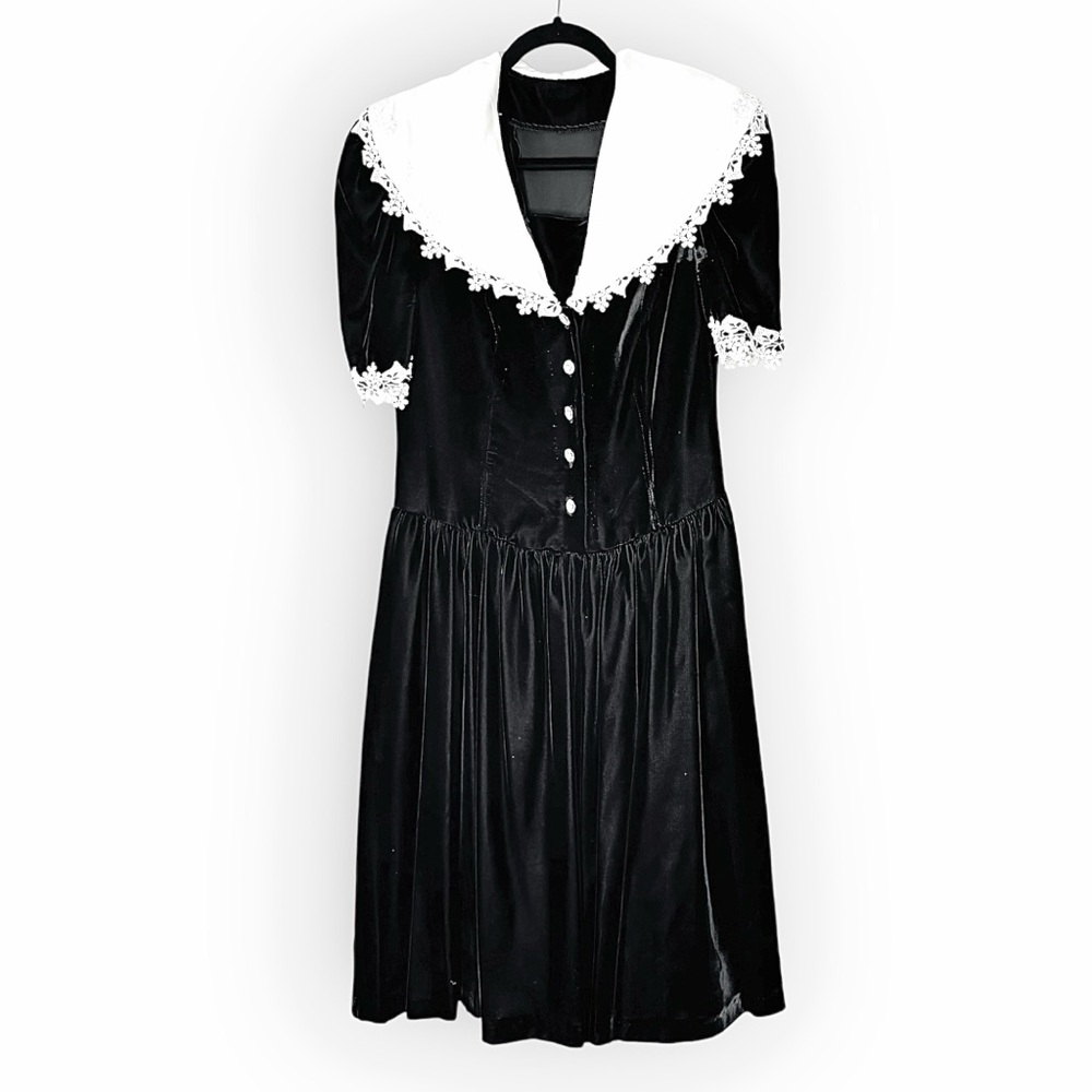 Vintage 80s Velvet Midi Dress Goth Wednesday Adams Black and White